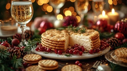  a platter with crackers, crackers, and a cheesecake on a table with christmas decorations and candles in the background and a glass of wine in the foreground.