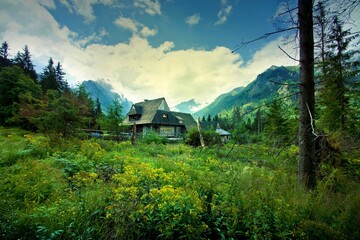 Wooden House Beautiful Mountains Scenery 1
