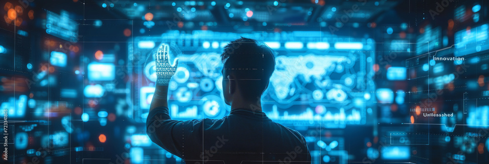 Poster a businessman collaborates with ai algorithms, fostering innovation in a high-tech environment to st