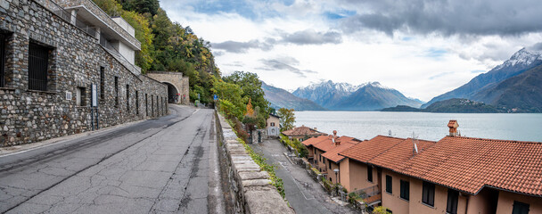 Street in village Musso-Dongo at lake Como, where the dictator Mussolini became captured through a road blockade - obrazy, fototapety, plakaty