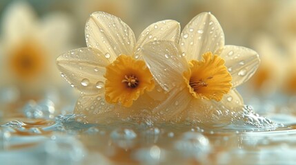 two yellow daffodils floating in a pool of water with drops of water on the petals and the petals of the daffodils in the water.