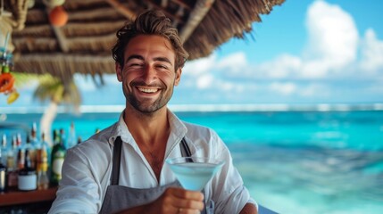 Young handsome bartender making a martini cocktail on the beach - obrazy, fototapety, plakaty