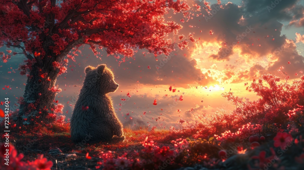Poster a painting of a bear sitting under a tree in a field of flowers with the sun shining through the clo