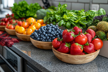 Fototapeta na wymiar Fruits and vegetables by kitchen utensil on kitchen island.
