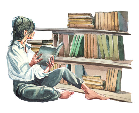 Young girl reads a book in front of book shelves. Watercolor hand painted woman reading a story. Book lover concept. Book reader design. Bookworm illustration.