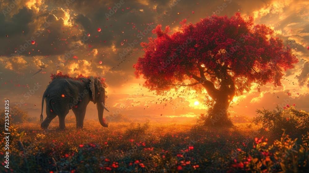 Poster a painting of an elephant in a field with a tree in the foreground and birds in the sky in the backg