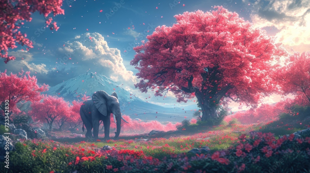 Aufkleber an elephant standing in the middle of a lush green field with a mountain in the background and trees