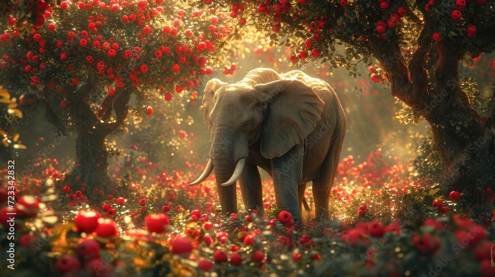 Poster an elephant standing in the middle of a forest with red flowers on the ground and trees with red flo