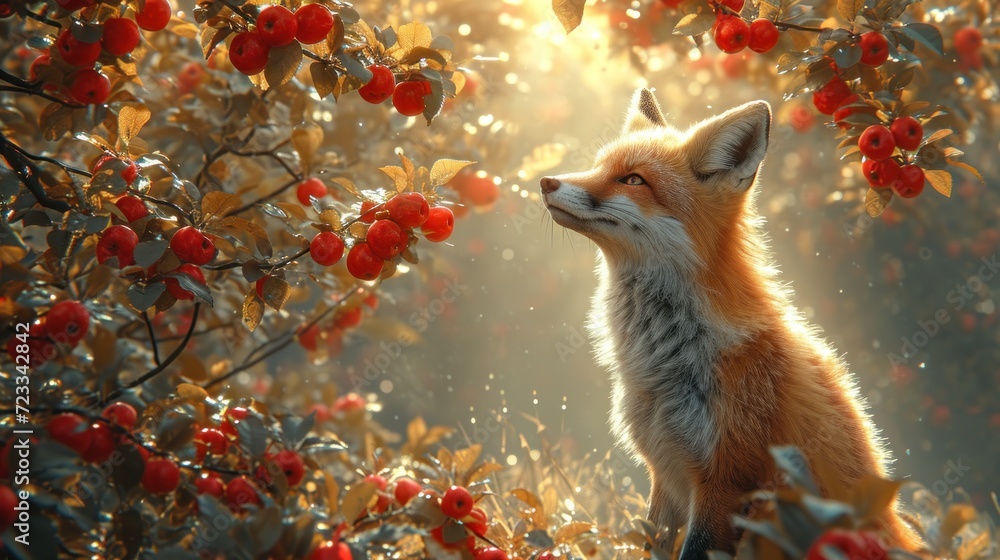 Poster a fox standing in front of a tree with red berries on it's branches and the sun shining through the 