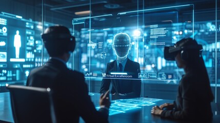 Business leaders conduct a high-stakes virtual meeting using holographic projections and AI-supported communication - obrazy, fototapety, plakaty