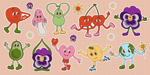 Vintage characters and elements with 70s hippie style set. Cute stickers or badges in a trendy psychedelic style. Fruits, mushrooms, rainbow, inscription in cartoon groove style. Vector illustration.