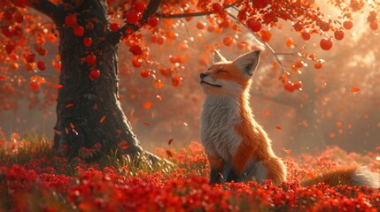  a fox sitting in a field of flowers next to a tree with red berries falling off of it's branches and a tree with red berries in the background. - obrazy, fototapety, plakaty