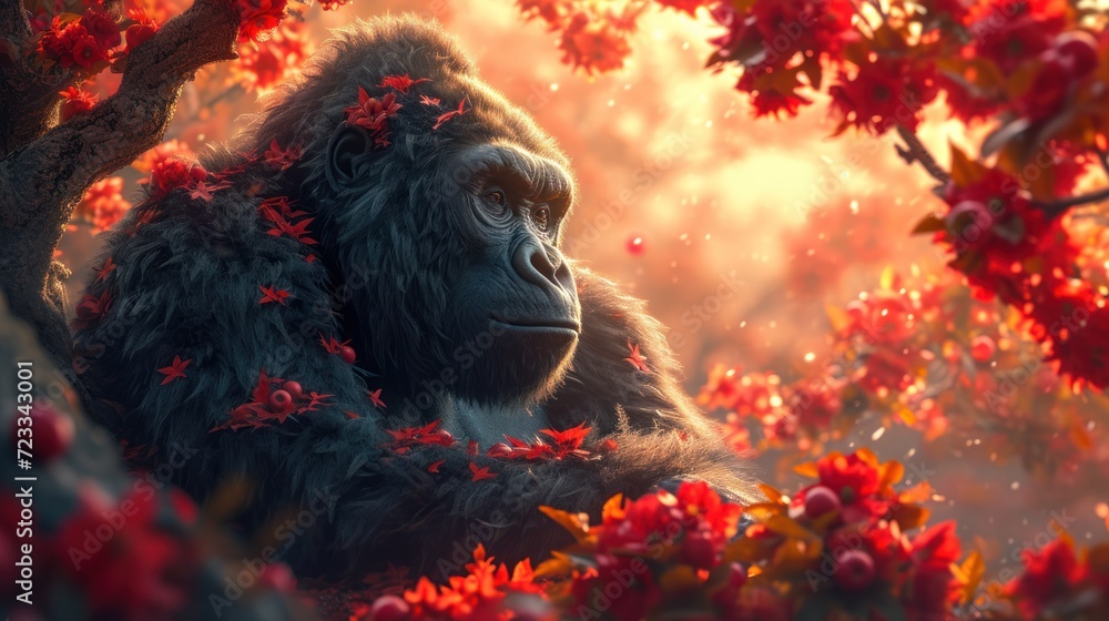 Poster a close up of a gorilla near a tree with red leaves on it's branches and a yellow sky in the backgro