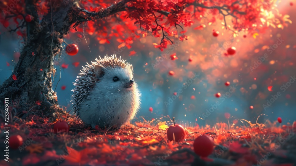 Poster a hedgehog is sitting under a tree in an apple orchard with apples scattered all over the ground and