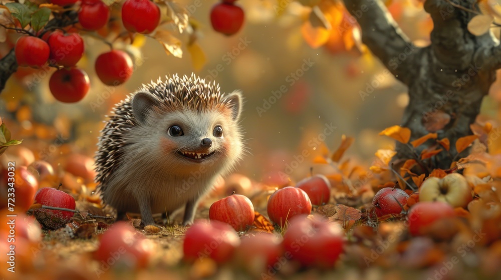 Poster a hedgehog standing in a pile of apples in an apple orchard with lots of red apples on the ground an
