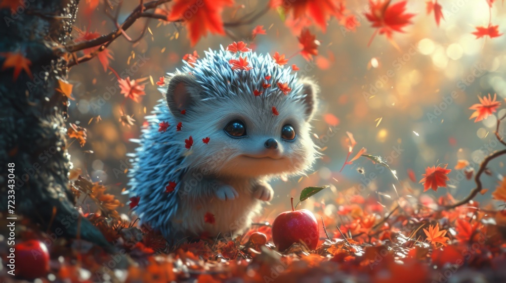 Poster a hedgehog sitting in the leaves of an apple tree with an apple in the foreground and a tree in the 