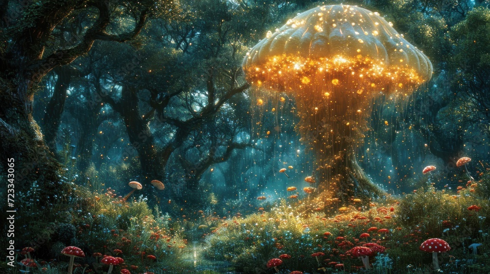 Poster a painting of a mushroom like structure in the middle of a forest with mushrooms growing out of the 