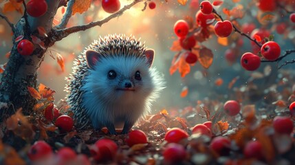 Obraz na płótnie Canvas a hedgehog sitting in the middle of a forest with red berries on it's branches and a tree with red berries on it's branches in the background.