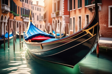Fototapeta na wymiar Venetian Carnival luxurious gondola on the canal in Venice, atmosphere of mystery, fantasy, blurred background, soft focus