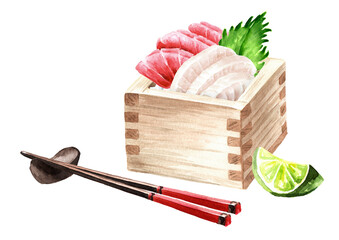 Japanese Sashimi set In A Wooden Box Masu. Hand drawn watercolor illustration  isolated on white background
