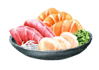 Japanese Sashimi set. Hand drawn watercolor illustration,  isolated on white background
