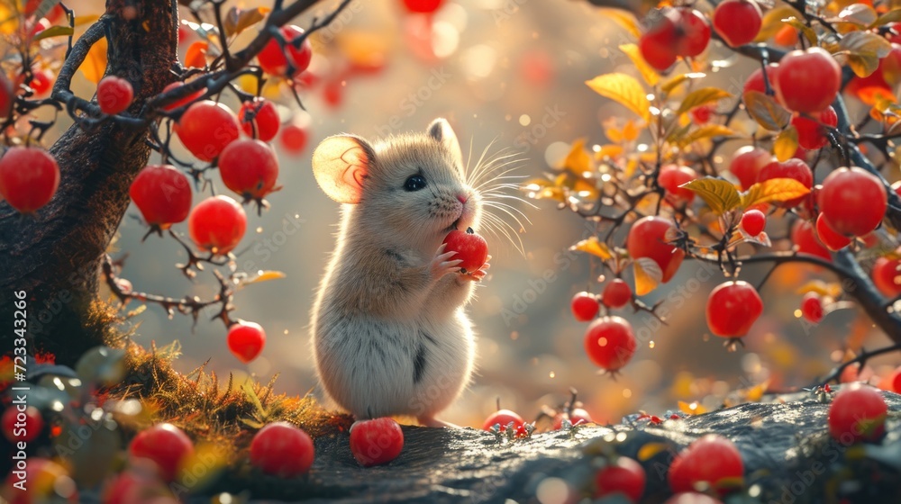 Poster a mouse standing on its hind legs in front of a tree filled with red cherries and a cluster of yello