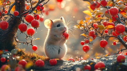  a mouse standing on its hind legs in front of a tree filled with red cherries and a cluster of yellow and red berries on the branches of the tree.