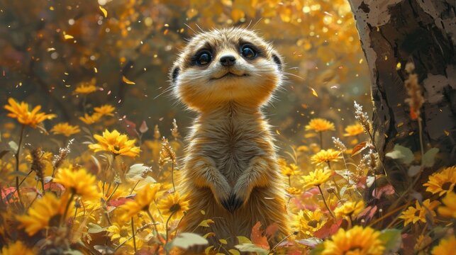  a painting of a meerkat standing in a field of sunflowers with a tree in the foreground and a background of yellow flowers in the foreground.