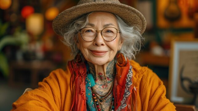 Cheerful elderly gray haired asian female woman with tattoo casual cloth and hat.