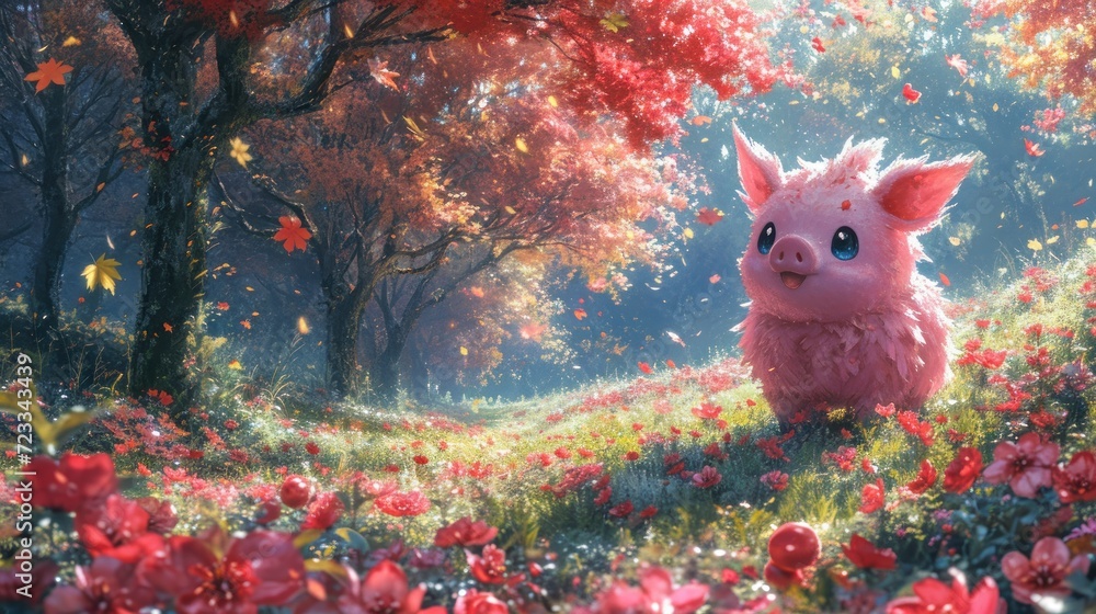 Poster a painting of a pig in a field of flowers with trees in the background and red flowers in the foregr