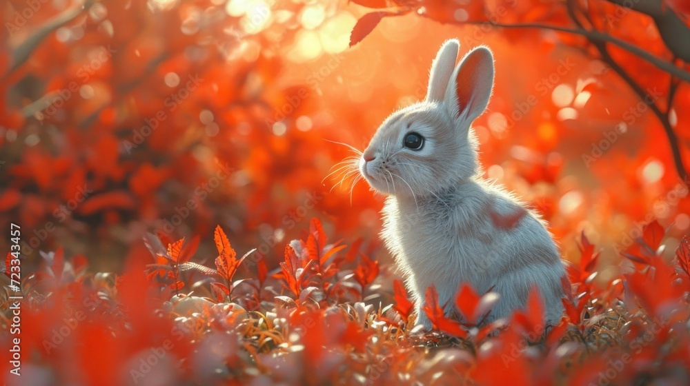 Poster a white rabbit is sitting in the middle of a field of red flowers with the sun shining through the l