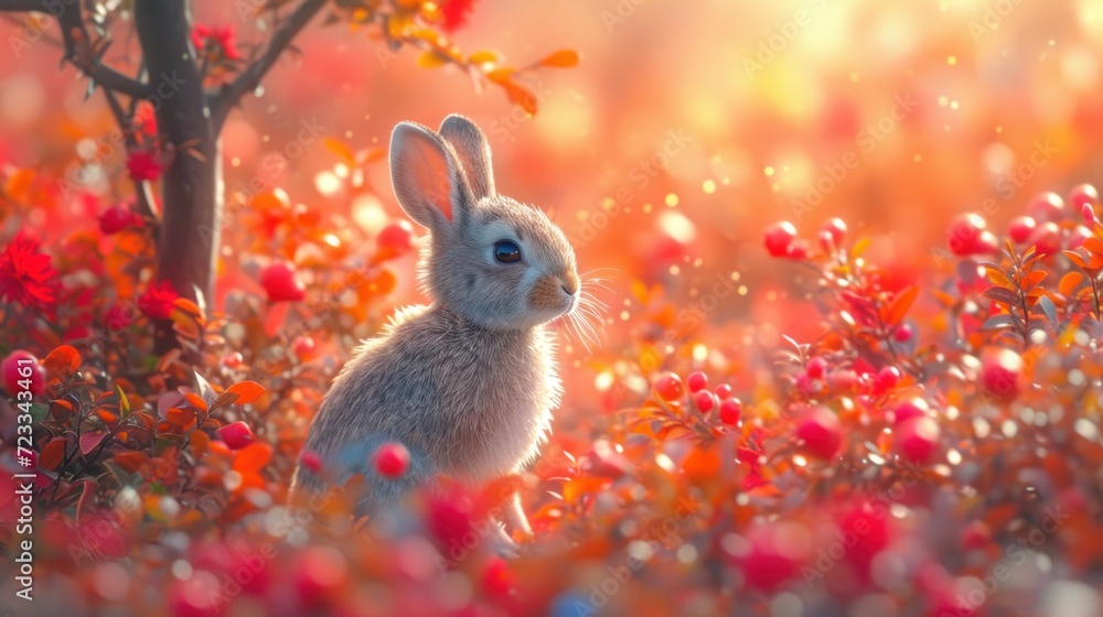 Poster a white rabbit sitting in the middle of a field of red flowers with the sun shining on it's back and