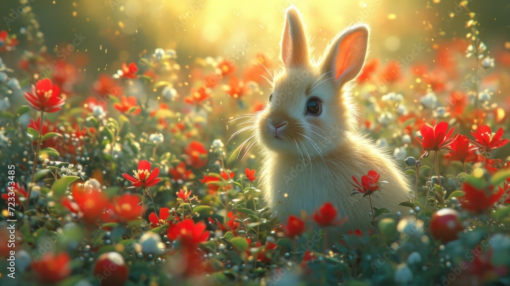 Poster a rabbit sitting in the middle of a field of flowers with the sun shining down on it's back and its 