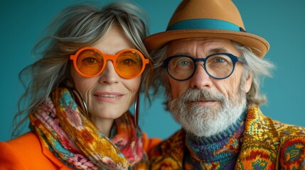 Portrait of senior stylish couple in orange glasses on blue background. Studio shot.