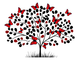 Tree with butterflies and hearts. hand drawing. Not AI, Vector illustration