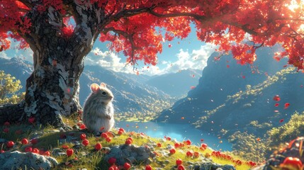  a painting of a mouse sitting under a tree on a hill overlooking a lake with red flowers in the foreground and a mountain range in the background with red leaves.