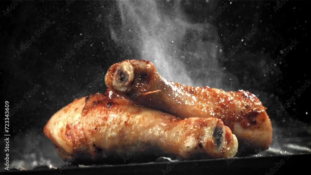 Sticker Chicken legs are fried in a pan. Filmed on a high-speed camera at 1000 fps. High quality FullHD footage