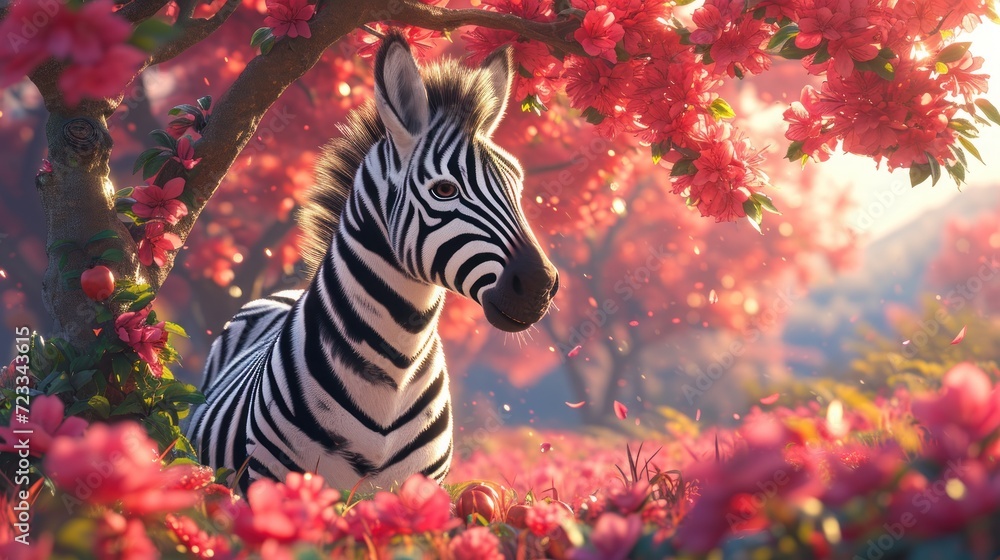 Poster a zebra standing next to a tree in a field of flowers with pink flowers in the foreground and a tree