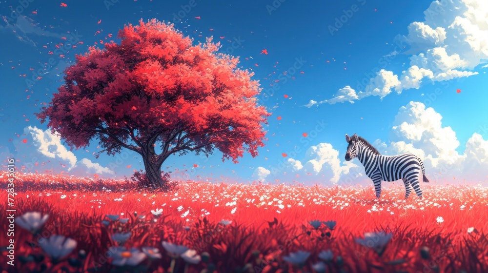 Aufkleber a zebra standing in the middle of a field with a tree in the foreground and a blue sky with white cl