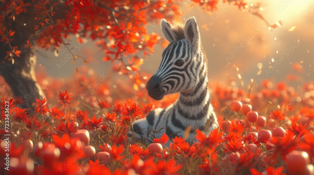 Poster a zebra sitting in the middle of a field of red flowers with a tree in the background in the middle 