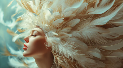 Woman with feathers in hair - obrazy, fototapety, plakaty
