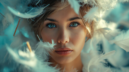 Woman's face in feathers - obrazy, fototapety, plakaty