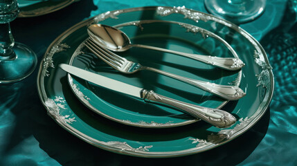  a close up of a plate with silverware on a blue table cloth with a wine glass and wine glass on the side of the plate and a silver fork and knife and spoon on the plate.
