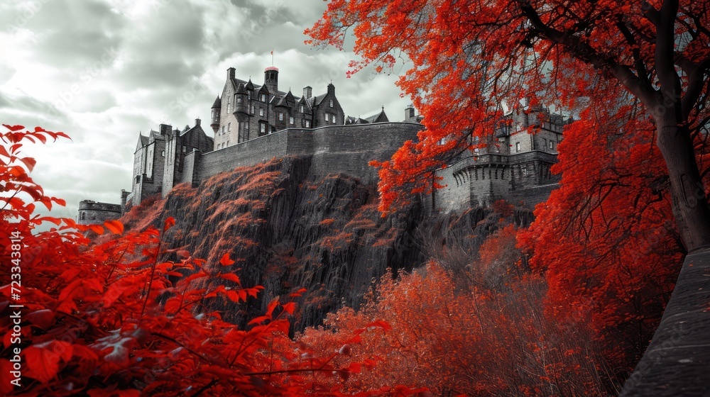 Poster a picture of a castle with red trees in the foreground and a cloudy sky in the background with white