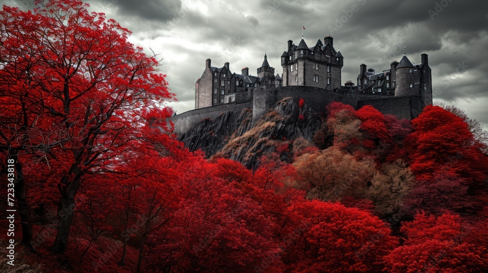 Aufkleber a castle on a hill surrounded by trees with red leaves on the ground and in the foreground, a tree w