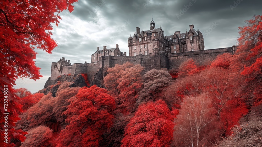 Poster a castle that is surrounded by trees with red leaves on the top and bottom of the castle is surround