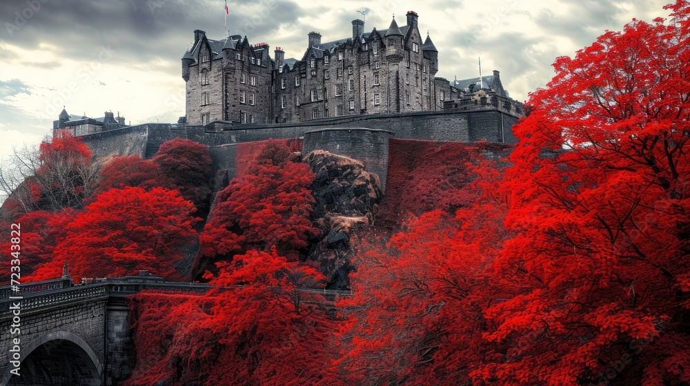 Poster a castle with red trees in front of it and a bridge in the foreground with a cloudy sky in the backg