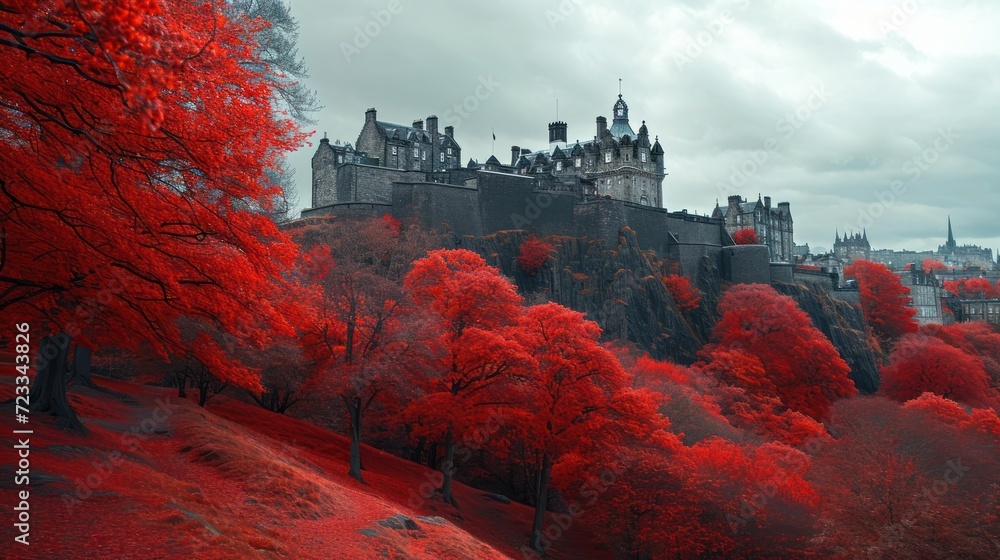 Poster a castle with a lot of trees in front of it and a lot of red leaves on the ground and trees in front