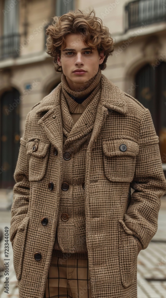 Poster a man standing in front of a building wearing a coat and a turtle neck sweater with a checkered patt