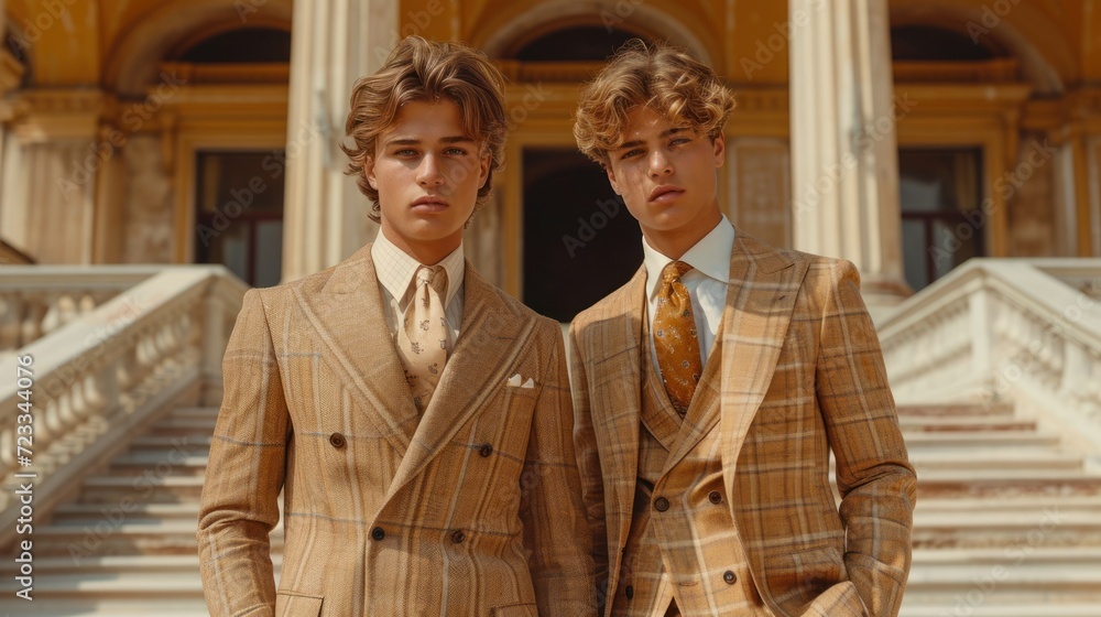 Aufkleber two young men standing next to each other in front of a building with stairs and a staircase leading